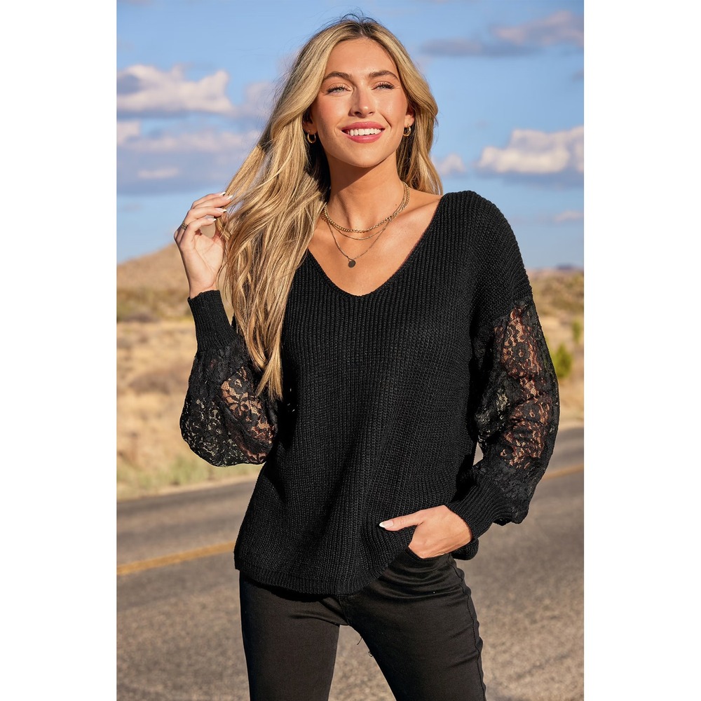 Cupshe Black‎ Lace Sleeve Ribbed V-Neck Sweater Size S